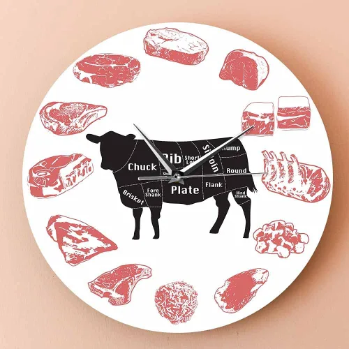 Miniatura 5 de The Geeky Days Angus Beef Chart - Reloj de pared minimalista con diseño de carne, casa de carne, cocina de granja, arte de pared, silencioso, reloj