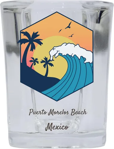 Puerto Morelos Beach Mexico Souvenir 2 oz Base Cuadrada de Vidrio de Disparo Diseño Onda Individual