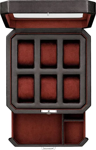 ROTHWELL Caja de reloj de cuero con 6 ranuras y cajón de valet, organizador de exhibición de lujo para relojes, forro de microgamuza, soporte para
