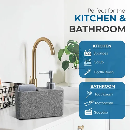 Miniatura 8 de Havara - Dispensador de jabón para platos de resina de granito con soporte para esponja, gris piedra Kitchen Soap Dispenser & Sink Organizer for