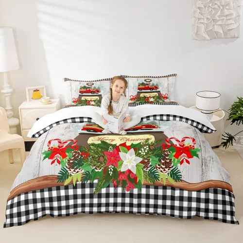 Miniatura 14 de Juego de funda de edredón para niños con diseño de Navidad, tamaño individual, camiones rojos y árboles de pino con copos de nieve, decoración