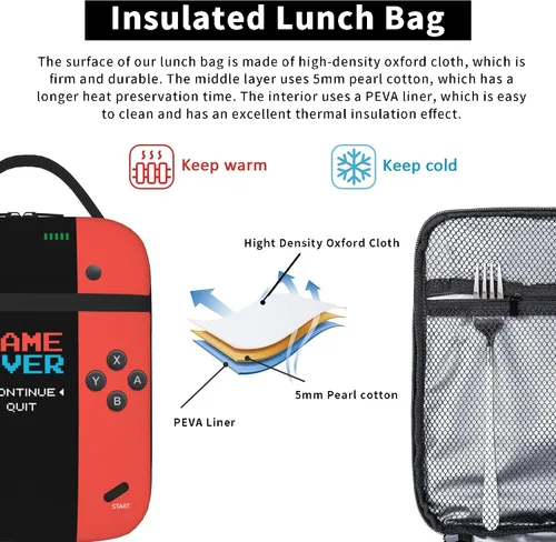 Miniatura 5 de Lonchera aislada para videojuegos, lonchera para niños y niñas, reutilizable, portátil, con asa desmontable (rojo neón y azul)