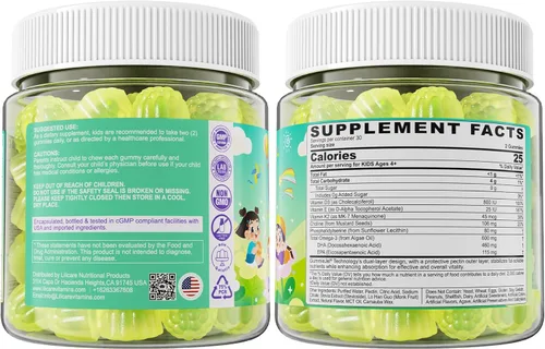 Miniatura 9 de Omega-3 para niños mayores de 4 años, gomitas Focus DHA Plus EPA de algas, vitamina D3 K2, colina y PS para hueso, salud cognitiva e inmunológica