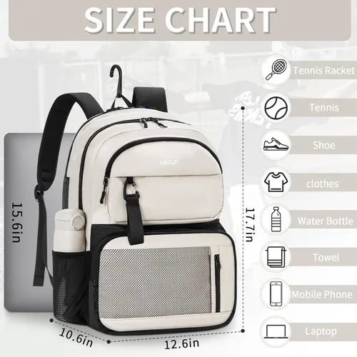 Miniatura 2 de ANILD Bolsa de tenis multideportiva para 2 raquetas con compartimento ventilado para zapatos para hombres y mujeres, Beige, Grande, Bolsa de tenis
