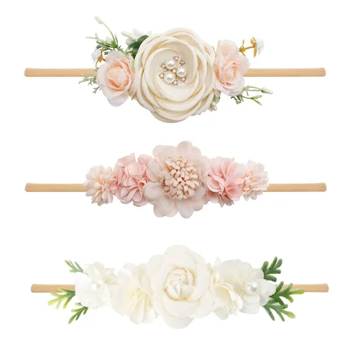 Miniatura 19 de Diademas de niña de nylon con flores elásticas, 3 piezas, accesorios para el pelo, regalo para recién nacidos, bebés y niños pequeños (TU-HDJ-3PCS)