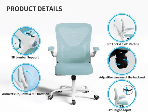 Miniatura 6 de Silla de Oficina - Silla de Escritorio Ergonómica con Soporte Lumbar Ajustable, Silla de Computadora de Malla, Sillas de Oficina Ejecutivas