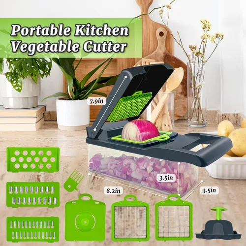 Miniatura 5 de Picador de verduras, multifuncional 14 en 1, picador de verduras de cocina con 8 cuchillas, cortador de cebolla profesional, cortador de verduras