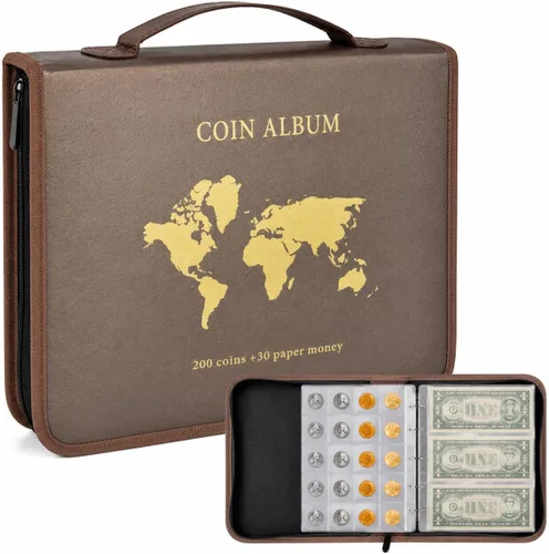 Miniatura 12 de ANKHOH Soporte para libros de colección de monedas con cremallera para coleccionistas, 200 bolsillos para monedas y 30 fundas para billetes, de piel
