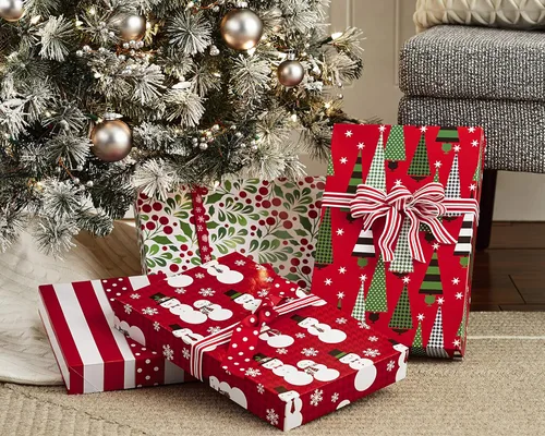 Miniatura 2 de Hallmark Cajas de Regalo de Navidad Medianas con Tapas (12 Cajas para Camisas, 4 Diseños: Árboles, Rayas, Muñecos de Nieve, Acebo) para Navidad