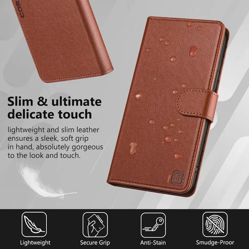 Miniatura 3 de Funda tipo cartera para iPhone 13 Pro Max de 6.7 pulgadas, con bloqueo RFID, tarjeteros, función atril, cierre magnético, de piel sintética, Coñac