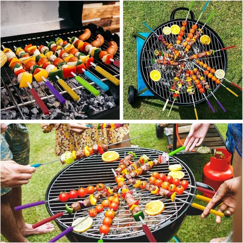 Miniatura 6 de Brochetas de parrilla con mango de silicona, brochetas de kebab de 16 pulgadas de largo, paquete de 10 pinchos planos reutilizables de acero
