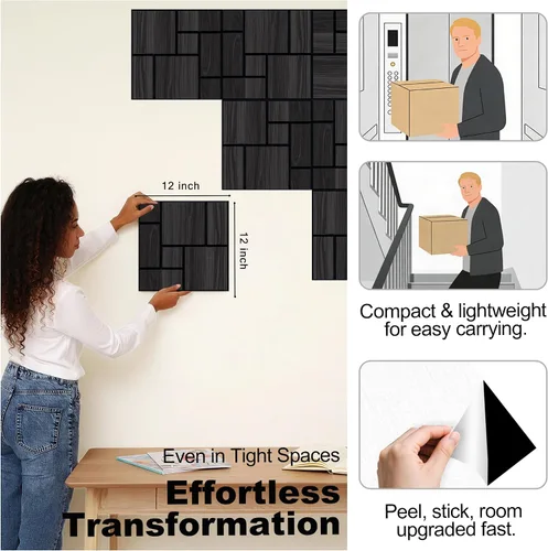 Miniatura 5 de Mollywell Paneles acústicos, decoración de grano de madera de PVC, azulejos de pared con patrón tallado de 12 x 12 pulgadas, autoadhesivos