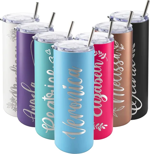 Miniatura 33 de Vasos delgados personalizados con tapa, regalos para ella de 20 onzas, rosa intenso, 12 diseños, vaso grabado personalizado con nombre, tazas Rosa