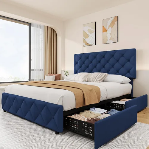Miniatura 15 de IDEALHOUSE Base de cama de tamaño matrimonial con 4 cajones de almacenamiento y cabecera ajustable, camas de plataforma tapizadas con tapizado