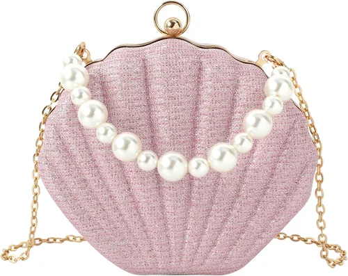 ZLM BAG US Bolso de mano de noche con purpurina Seashell Mini Chain Crossbody Bag PU Cuero Shell Pearl Bolso de hombro, Y-Rosa