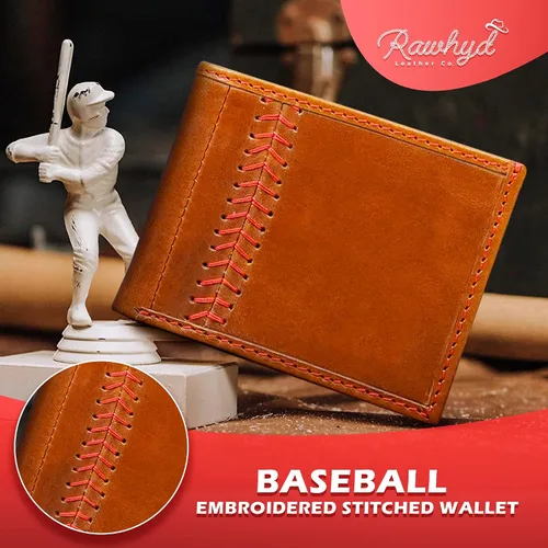 Miniatura 2 de Billetera de béisbol de cuero billeteras de cuero cosidas para hombre carteras de béisbol para hombre carteras plegables de cuero de grano completo