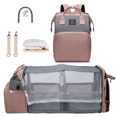 Miniatura 9 de Bolsa de pañales con cambiador, mochila para pañales, bolsa de pañales de viaje 7 en 1, bolsa para mamá con puerto de carga USB (rosa-gris)