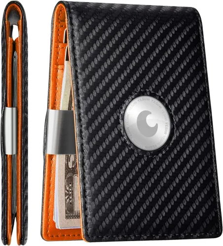 YESIIW Billetera AirTag para hombre con bloqueo RFID, W- Negro carbón y naranja, Minimalista