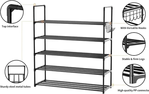 Miniatura 5 de Organizador de zapatos de metal, zapatero de 5 niveles con ganchos, se adapta a 20-25 pares, estante de zapatos ajustable para entrada, pasillo