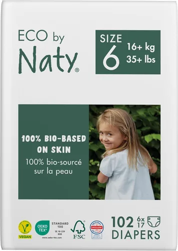Eco by Naty - Pañales ecológicos a base de plantas, ideales para pieles sensibles del bebé y ayuda a prevenir fugas (talla 6, 102 unidades)