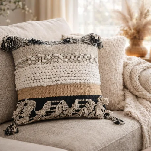 Funda de almohada COZYDEKO estilo boho, de 18 x 18 pulgadas, almohadas decorativas marroquíes rústicas bohemias con acentos copetados, algodón
