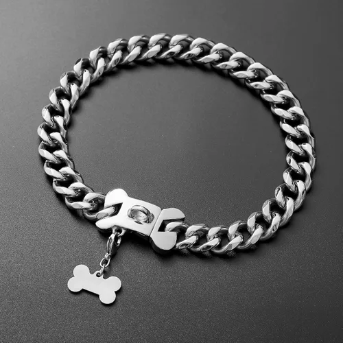 Miniatura 6 de Collar de Perro de Acero Inoxidable con Eslabones Cubanos Plateados de Servicio Pesado para Perros Pequeños, Medianos y Grandes, Collar de Perro