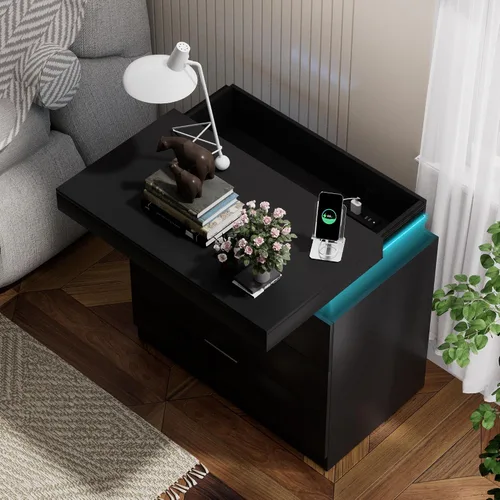 Miniatura 4 de Mesita de noche LED con 3 cajones, moderna mesita de noche blanca con espacio de almacenamiento oculto en la parte superior, mesita de noche