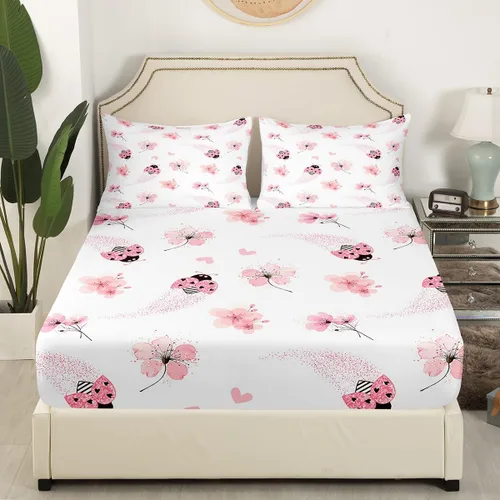 Lindo juego de ropa de cama de mariquita tamaño individual, juego de cama con flores de cerezo para niñas, adolescentes, decoración de dormitorio,
