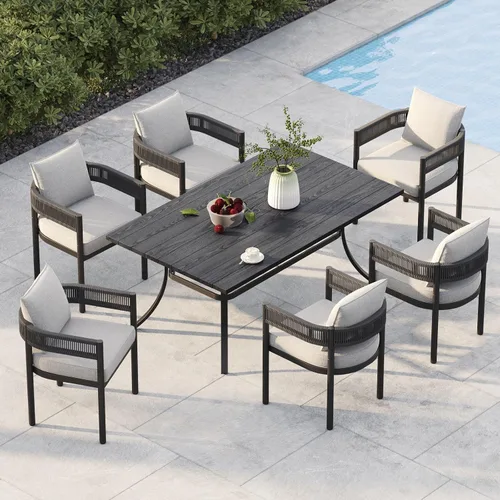 Miniatura 34 de Juego de comedor al aire libre Grand Patio de 5 piezas para 4, sillas de patio fijas de mimbre tejido metálico con cojines engrosados y 1 mesa
