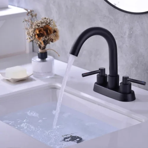 Miniatura 2 de Grifo de baño central de 4 pulgadas con montaje de drenaje desplegable de desbordamiento, negro mate, níquel cepillado y oro cepillado Mate negro