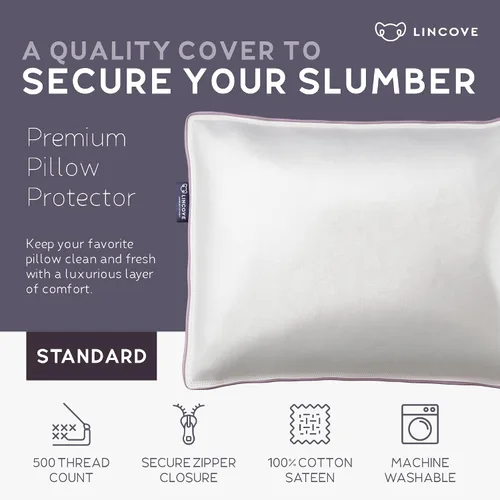 Miniatura 2 de Lincove Funda protectora de almohada de satén 100% algodón, funda de almohada con cremallera, 500 hilos, algodón de lujo, protector de almohada
