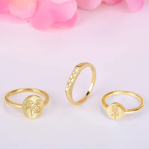 Miniatura 6 de YeGieonr - Anillo hecho a mano con flores, declaración minimalista y grabado botánico, joyería personalizable y delicada para mujeres y niñas