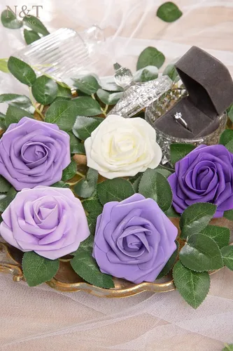 Miniatura 41 de N&T NIETING Flores artificiales, rosas artificiales de color rosa intenso, 50 piezas de flores falsas con tallo para ramos de boda DIY, centros