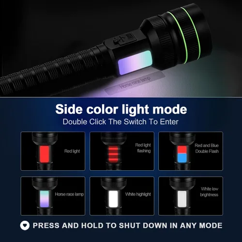 Miniatura 6 de KZK Linterna recargable de 9000 lúmenes altos con mango largo, potente linterna de mano con 11 modos de luz, impermeable y zoomable para el hogar