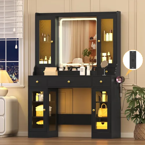 Miniatura 20 de Wodeer Pequeño escritorio de maquillaje con espejo y luces, tocador con armario de cristal, luces LED y toma de corriente, cajón y gabinetes