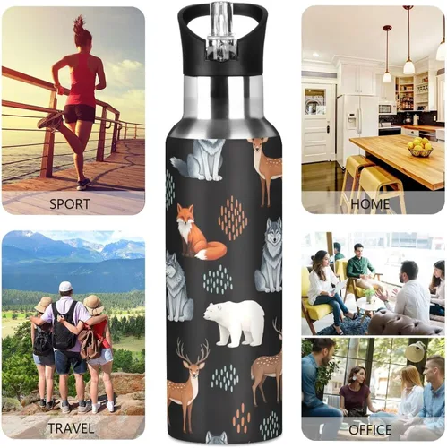 Miniatura 5 de Insulated Stainless Steel Water Bottle with Straw 20 Oz, BPA-Free Sport Water Bottle Insulated for Gym Outdoor Travel School, Cute Animals Fox Wolf