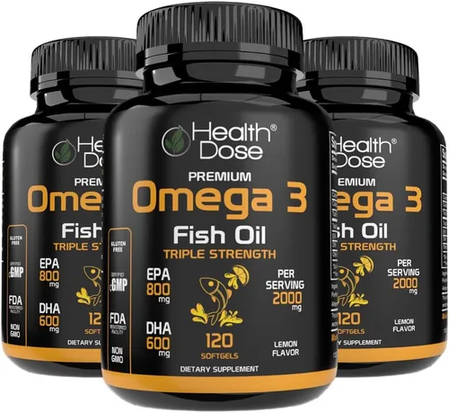 Miniatura 11 de Health Dose Aceite de pescado Omega 3 de 2000 mg – Cápsulas blandas con sabor a limón con EPA 800 mg y DHA 600 mg para apoyo al cerebro, corazón