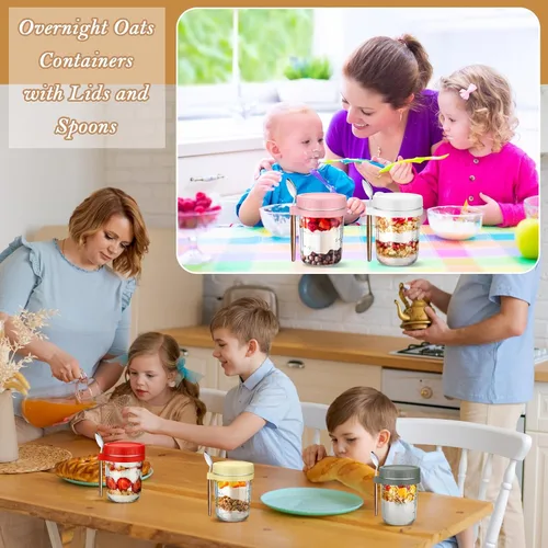 Miniatura 6 de Layhit 8 juegos de recipientes de avena durante la noche de 16 onzas con tapas y cucharas, tarros grandes de vidrio de verano para avena durante