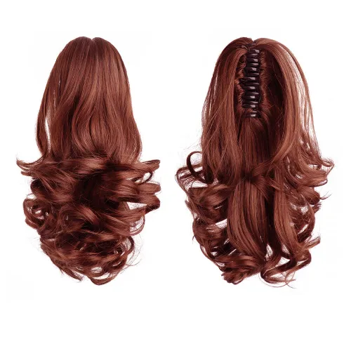 Miniatura 15 de Extensiones de cola de caballo, extensiones de cabello rizado con clip de garra de color marrón oscuro para mujer, peluca sintética de cola