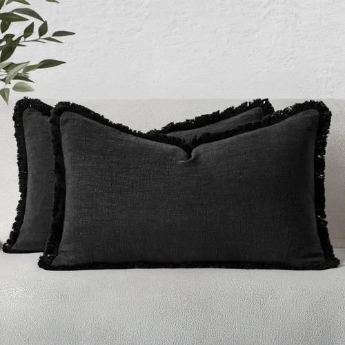 Miniatura 58 de MIULEE Juego de 2 fundas de almohada decorativas de lino neutro con flecos, fundas de cojín de estilo bohemio con borlas para sofá, cama, sala