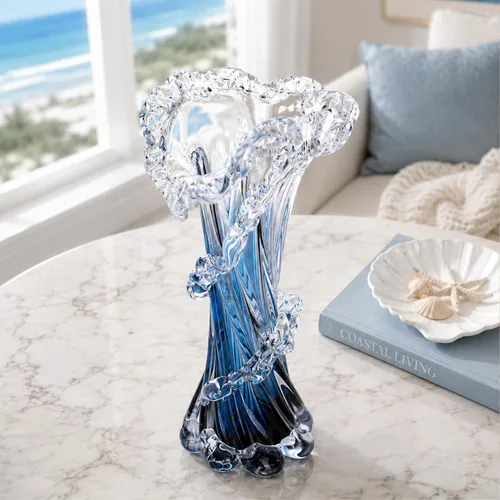 Miniatura 6 de Jarrón de vidrio soplado azul de 12 pulgadas de alto, florero costero soplado a mano de arte moderno, hermosos centros de mesa únicos de olas