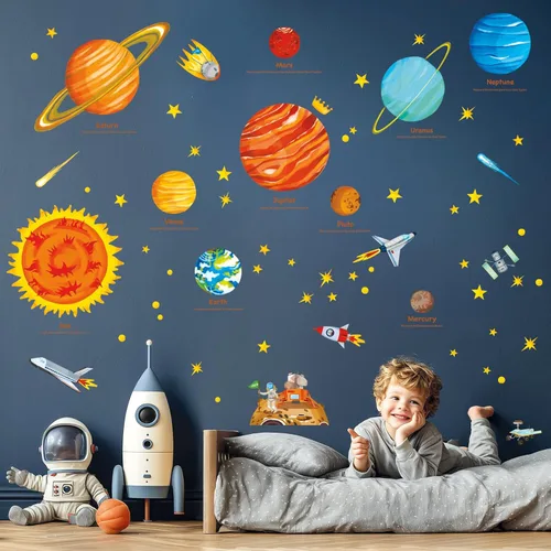 Miniatura 2 de DECOWALL Calcomanías de pared del sistema solar (grande) para guardería de niños, calcomanías de pared del espacio planetas, decoración educativa
