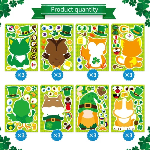 Miniatura 3 de 24 hojas de calcomanías del Día de San Patricio Combina y crea una cara Calcomanías de animales Suministros de recuerdos de fiesta del Día de San