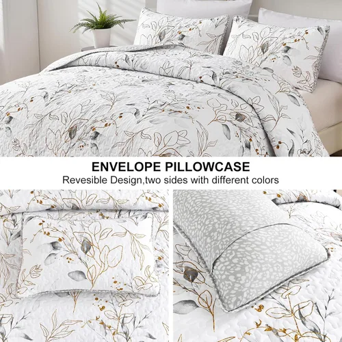 Miniatura 4 de Anibedding Juego de Edredón Gris King, 3 Piezas Reversible Elegante Patrón de Hojas Botánicas Grises Cubrecama Colcha Microfibra Suave Cubierta