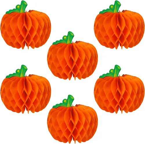 6 piezas de decoraciones de panal de calabaza, centros de mesa de calabaza 3D de Acción de Gracias, bolas de papel de panal de otoño para Halloween,