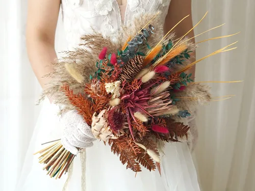 Ramo de boda rústico de color naranja quemado y crema, flores naturales de boda, ramo de hierba de pampas, ramo de novia, decoración del hogar de 12