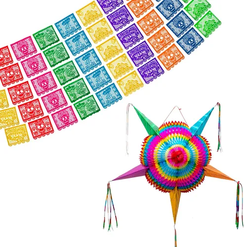Pancartas de fiesta mexicana (paquete de 5, 10 diseños de banderas de plástico por bandera) + piñata mexicana (grande de 32 pulgadas), pancarta de