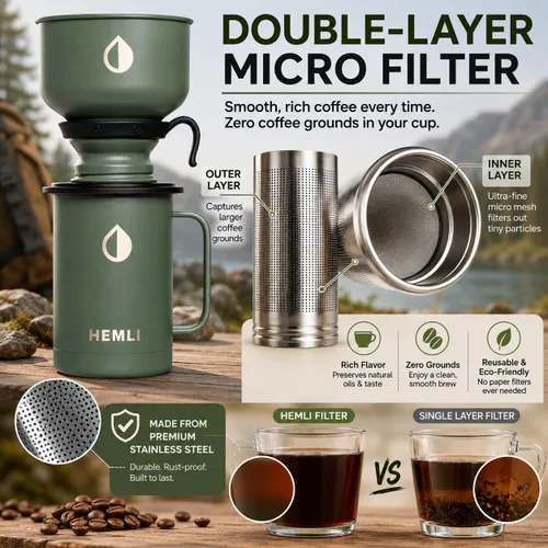 Miniatura 3 de Juego de Cafetera para Verter de Campamento – Taza con Aislamiento al Vacío con Tapa a Prueba de Fugas, Filtro Micro de Acero Inoxidable, Acabado