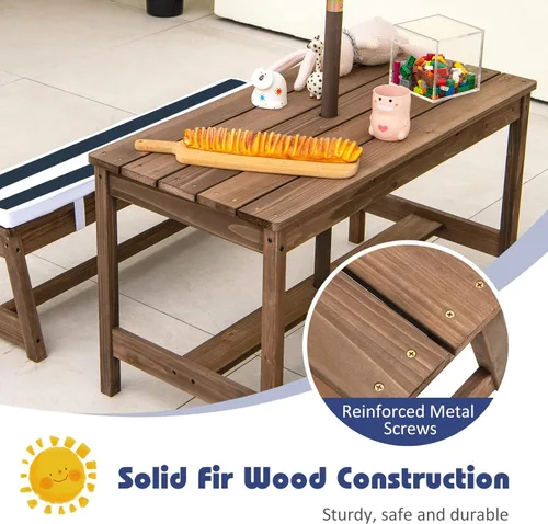 Miniatura 8 de Costzon Mesa de Picnic para Niños, Juego de Mesa y Silla de Madera para Niños Pequeños con Cojines, Sombrilla de Altura Ajustable, Mesa