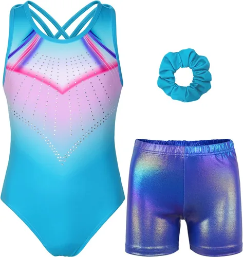 Miniatura 111 de MODAFANS Leotardos de gimnasia para niñas brillantes para bailar ballet, pantalones cortos con espalda cruzada